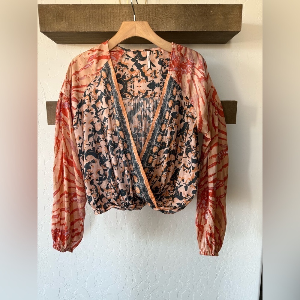 Free People|Cruisin Together Boho mixed print crop top,tribal floral long sleeve